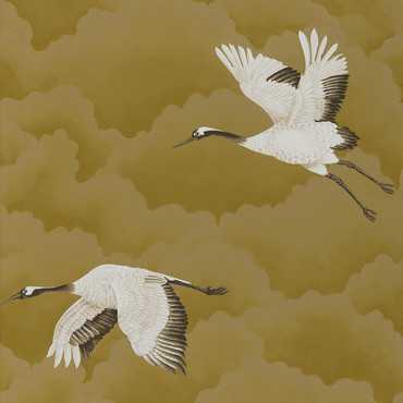 111235 – tapeta Cranes in Flight Antique Gold Palmetto Harlequin
