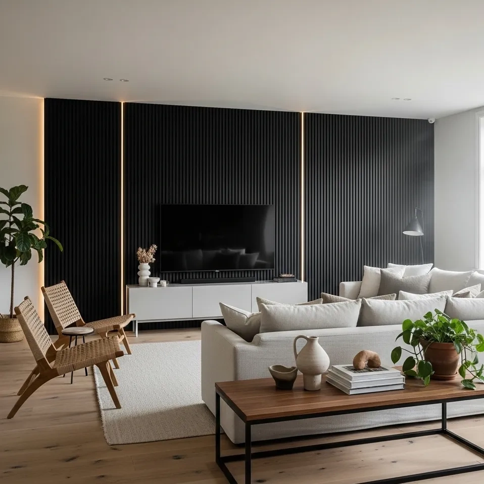 Ściana telewizyjna z paneli W116 BAR XL szerokie lamele Orac