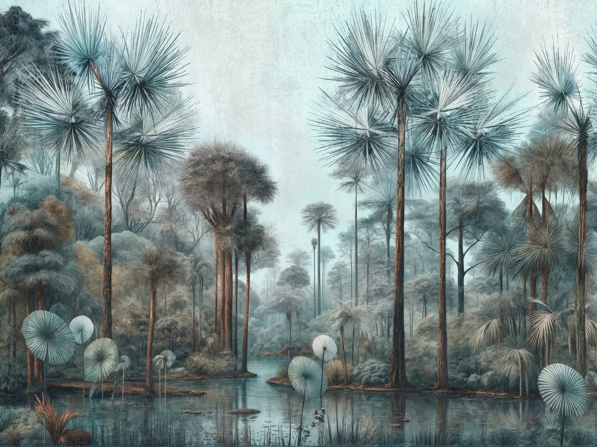 Tapeta egzotyczny las Laviola WallCraft 855322401 – egzotyczny krajobraz z wysokimi drzewami nad wodą