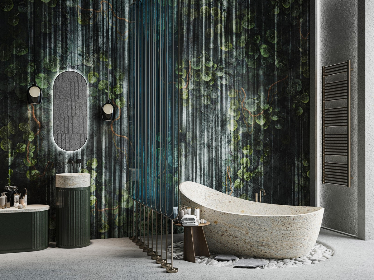 Tapeta liście bluszczu Sherra WallCraft 895312401 w aranżacji łazienki