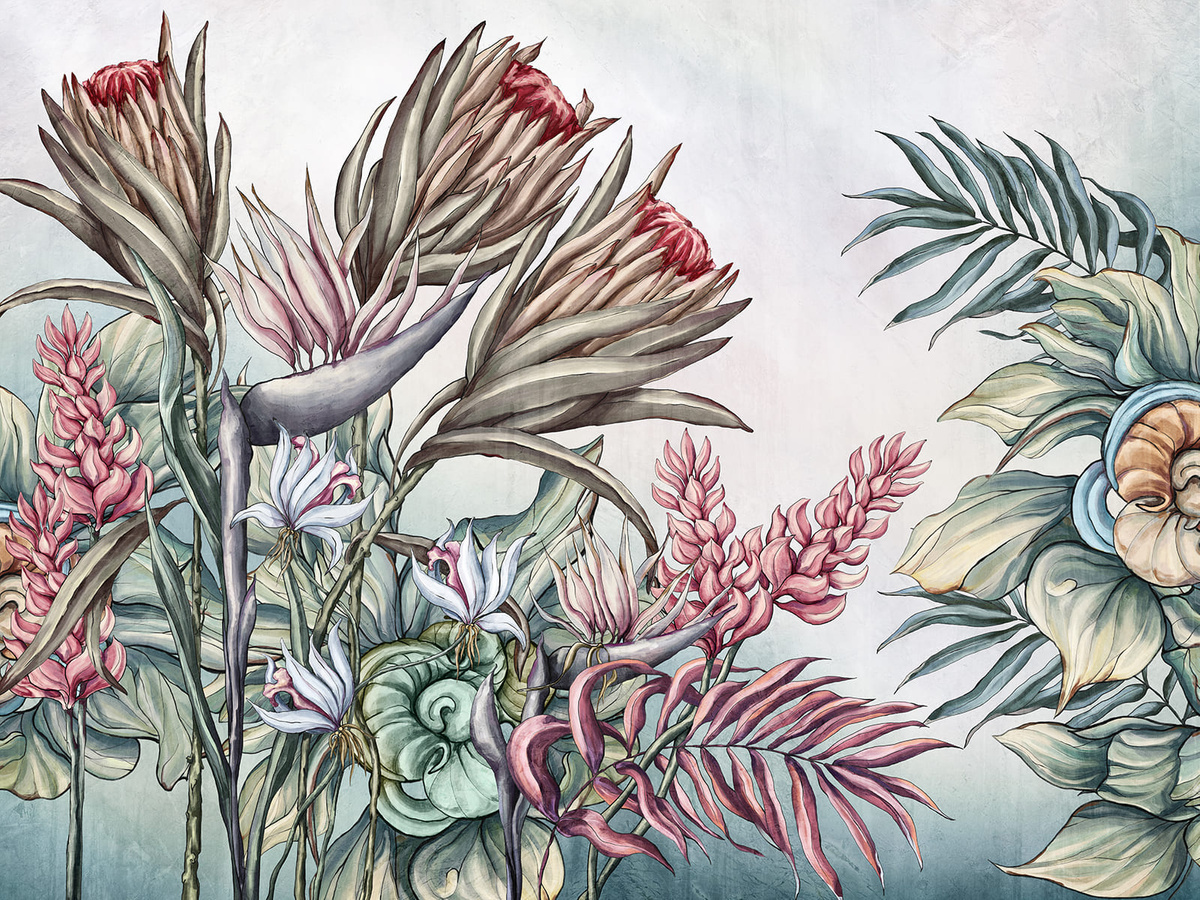 Zbliżenie wzoru egzotycznych kwiatów tapety Paradis WallCraft