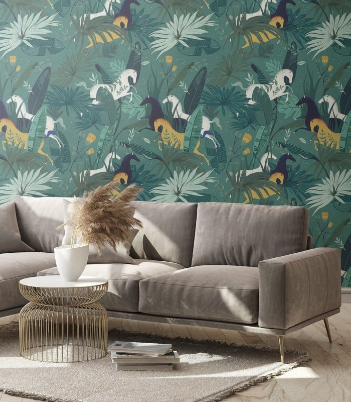 Tapeta Dream Horses Turquoise na ścianie w salonie – aranżacja Wallcolors