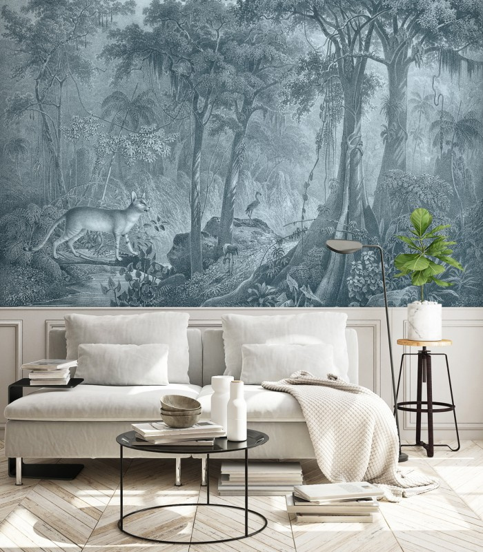 Tapeta Jungle Cat Blue Wallcolors w jasnym salonie
