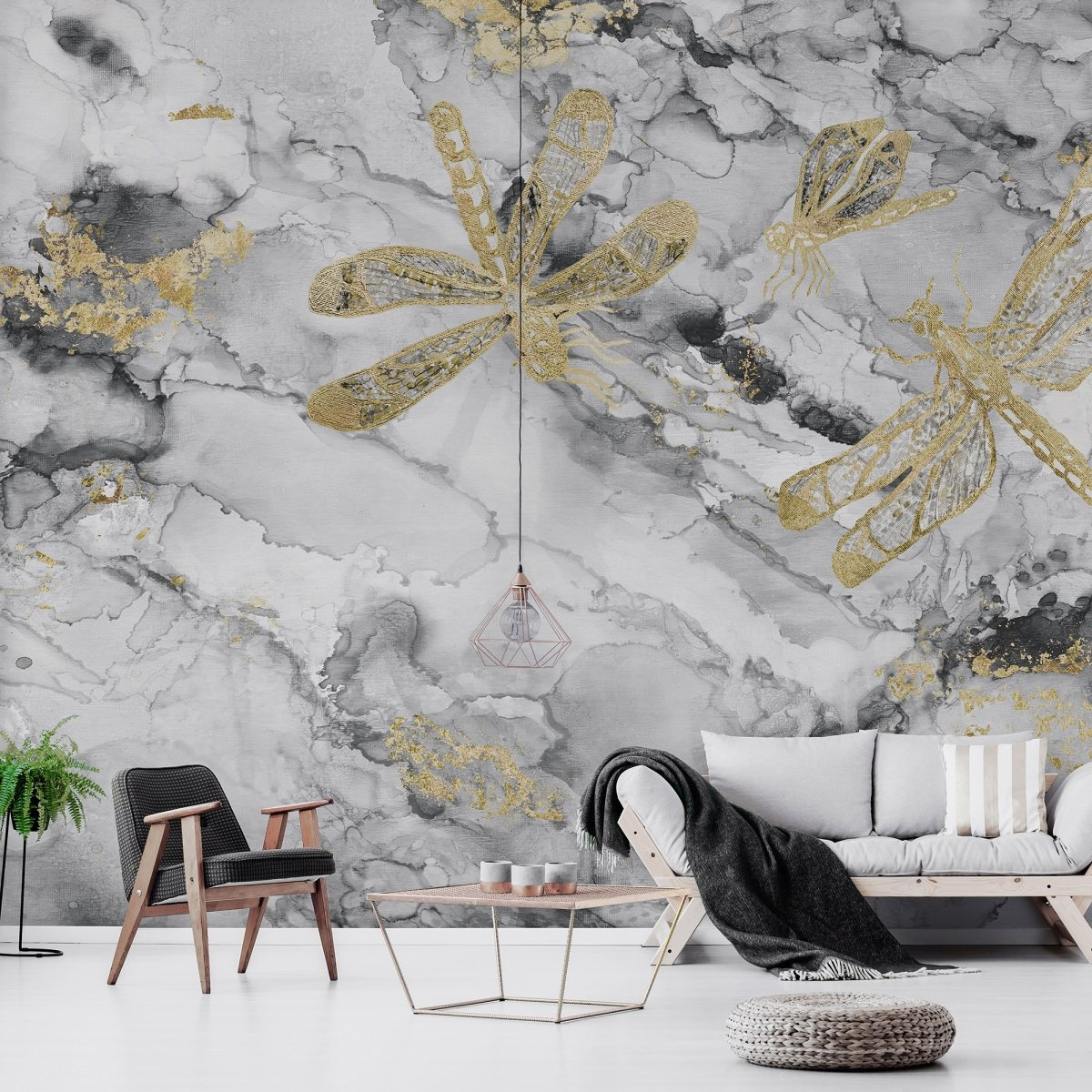 tapeta na wymiar WallArt do salonu – motyw abstrakcyjny z ważkami w odcieniach szarości i złota