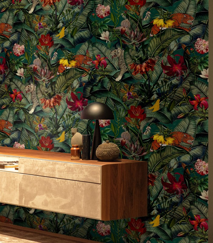 Tapeta Green Island w nowoczesnym wnętrzu z komodą