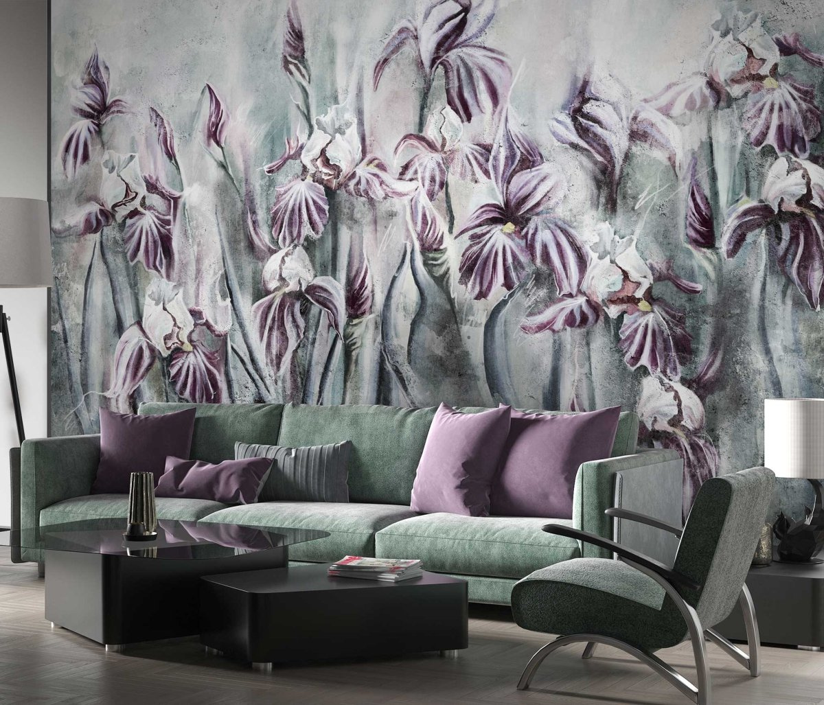 Fototapeta na wymiar z irysami IRIS 545 31 2201 WallCraft w salonie