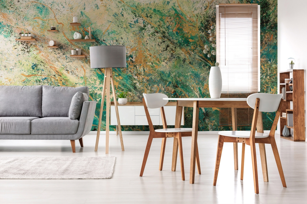 Tapeta na wymiar WallArt do salonu – zielona fototapeta artystyczna Aria na ścianie za sofą