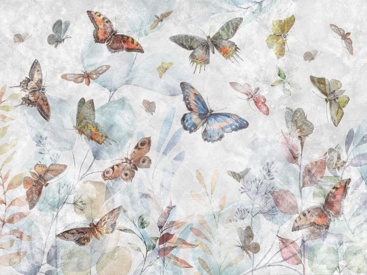 Zbliżenie na wzór fototapety Elibri 700 31 2202 Wallcraft z motylami i roślinami