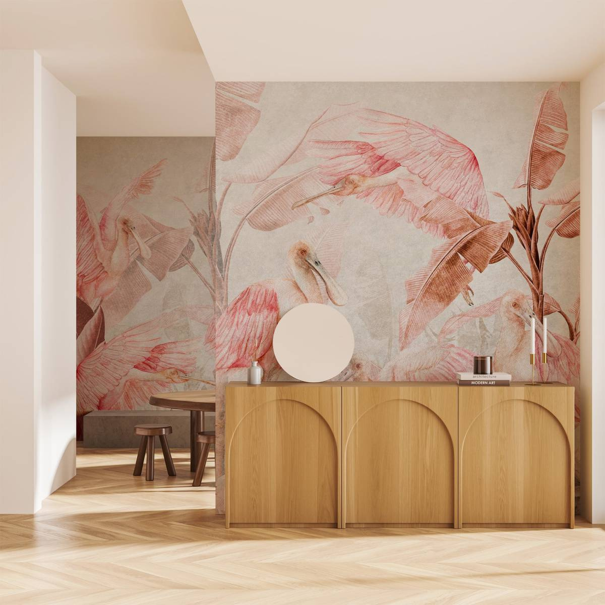 tapeta na wymiar WallArt do salonu – motyw tropikalnych ptaków Rainforest Ajaja Rosso