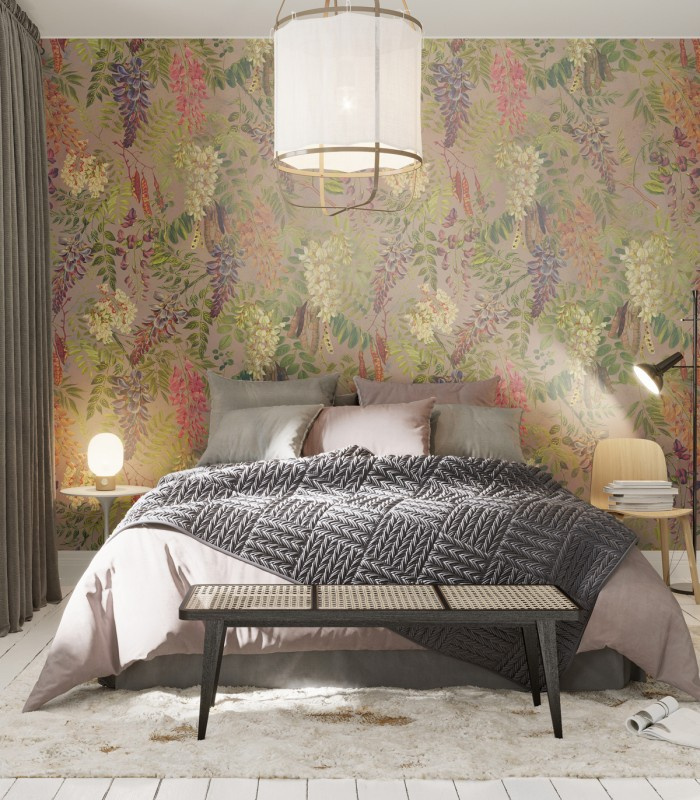 Tapeta Acacia Wallcolors na ścianie za łóżkiem w sypialni