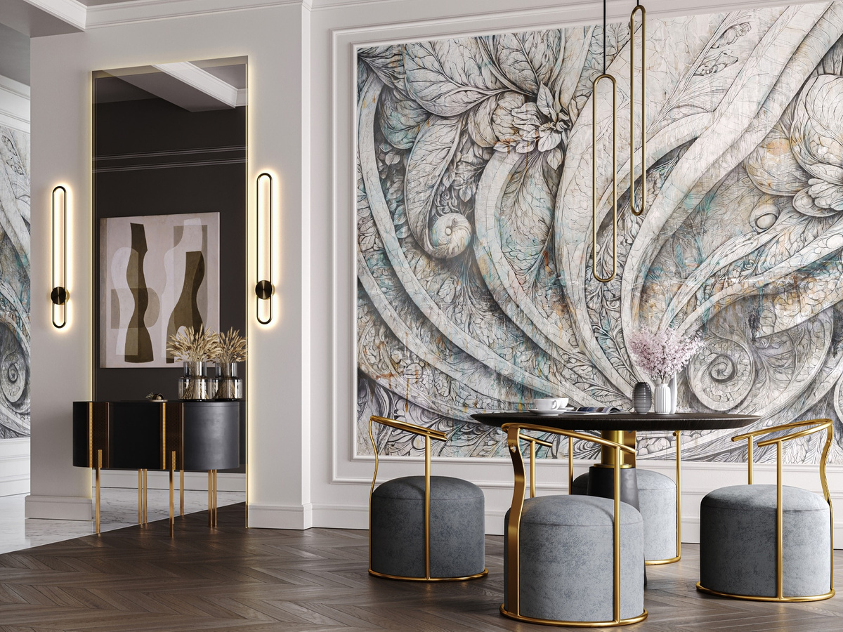Tapeta kwiaty Camelot WallCraft 900312401 w nowoczesnym wnętrzu z jadalnią
