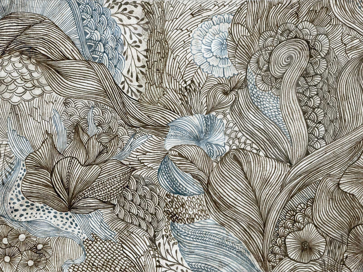 FOTOTAPETA CALMA 510 33 2102 WALLCRAFT – rysunkowy, kwiatowy mural ścienny w odcieniach szarości i błękitu