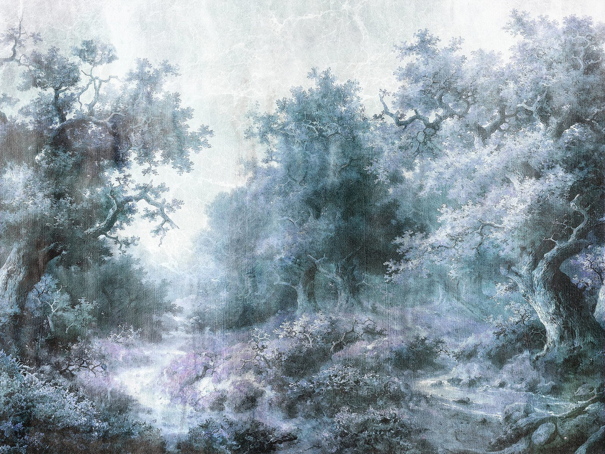 Tapeta mglisty las Nimista WallCraft 875312401 – zbliżenie wzoru lasu we mgle