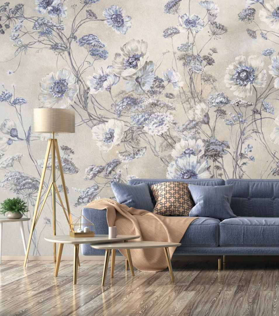 tapeta na wymiar RAUV Tapeta w polne kwiaty niebieskie do nowoczesnego salonu na podkładzie premium