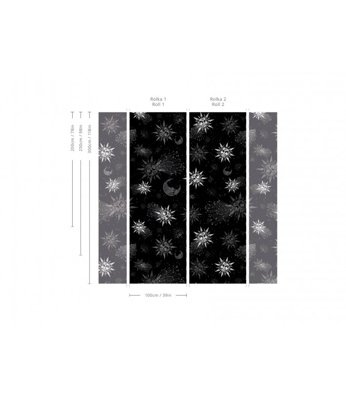 Układ tapety Moon and sun na rolkach wraz z wymiarami brytów