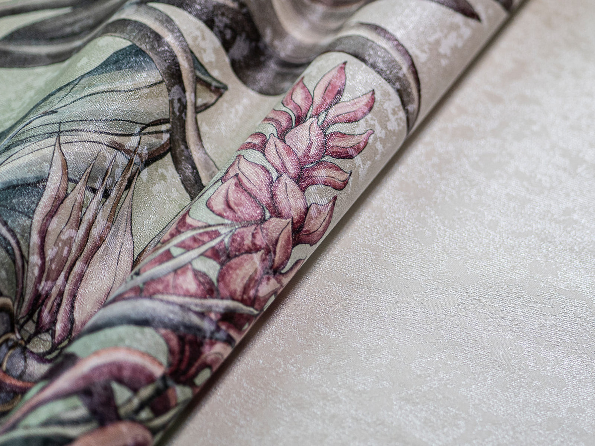 Detal materiału winylowego tapety egzotyczne kwiaty Paradis WallCraft