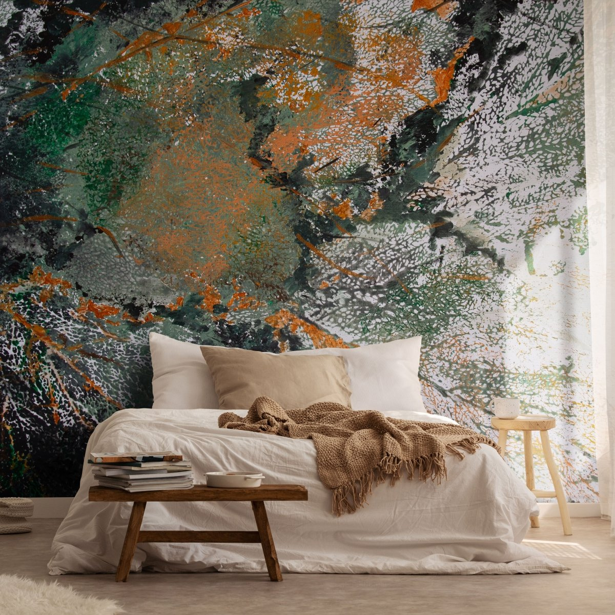 tapeta na wymiar WallArt do salonu – abstrakcyjna fototapeta Aura w zieleni i pomarańczu