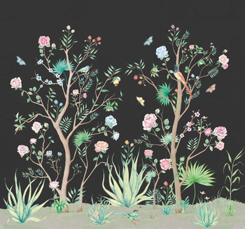 7900013 - panel Peonies Coal Random Chinoiseries Coordonne