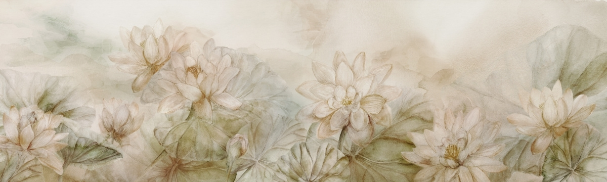tapeta artystyczna panoramiczna do sypialni – beżowe kwiaty Fall na ścianie