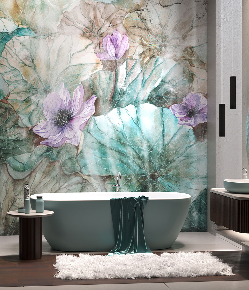 Fototapeta na wymiar OPHELIA 495 31 2102 WallCraft zastosowana w łazience z wolnostojącą wanną