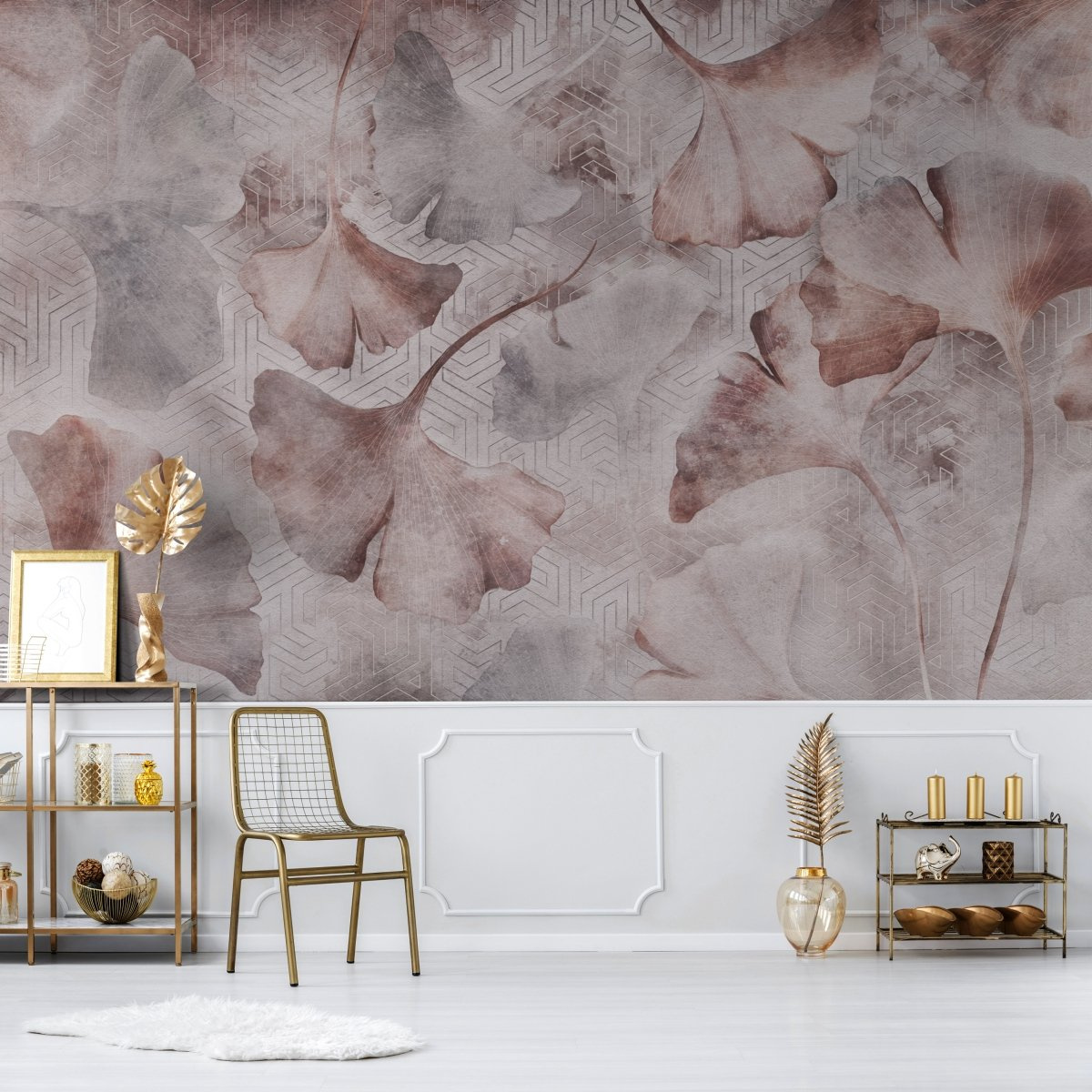 tapeta na wymiar WallArt do salonu – motyw liści ginkgo na tle geometrycznym