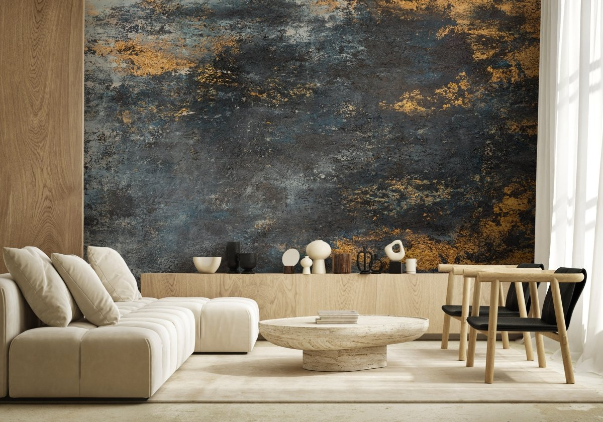 tapeta na wymiar WallArt do salonu – motyw abstrakcyjny w kolorach niebieskim i złotym