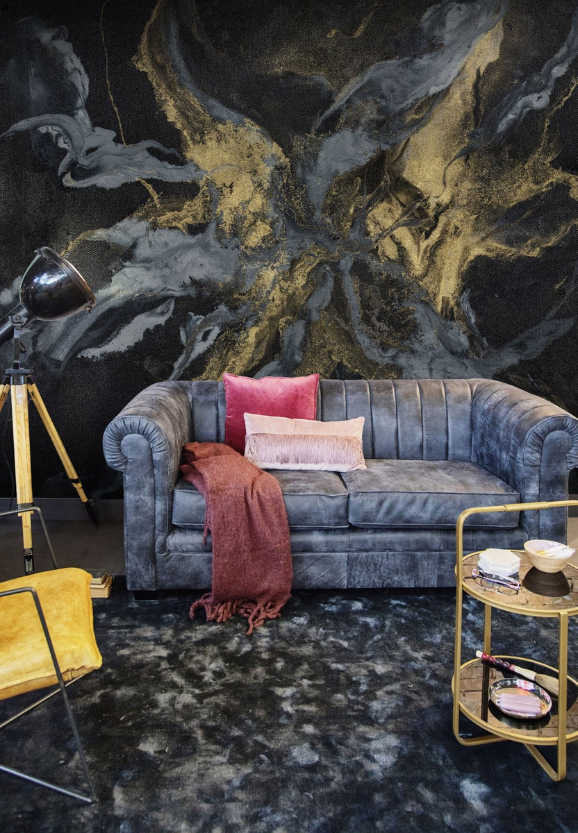 tapeta na wymiar WallArt do salonu – motyw abstrakcyjny w szarościach, czerni i złocie