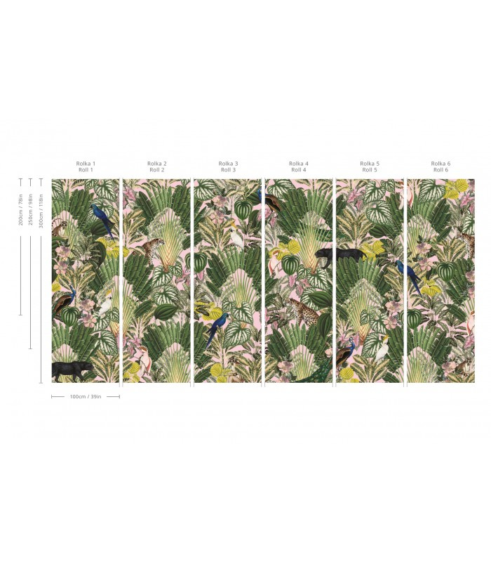 Schemat podziału tapety Pink Jungle na pasy do montażu na ścianie