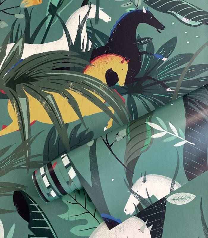 Zbliżenie struktury i kolorów tapety Dream Horses Turquoise Wallcolors