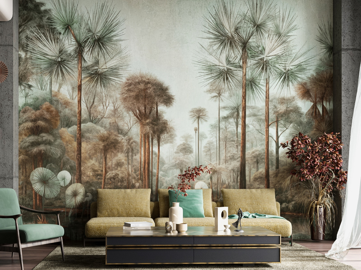 Tapeta egzotyczny las Laviola WallCraft 855312401 w aranżacji salonu