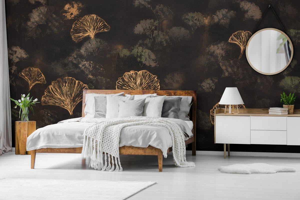 tapeta na wymiar WallArt do salonu – czarna fototapeta Nero ze złotym motywem roślinnym