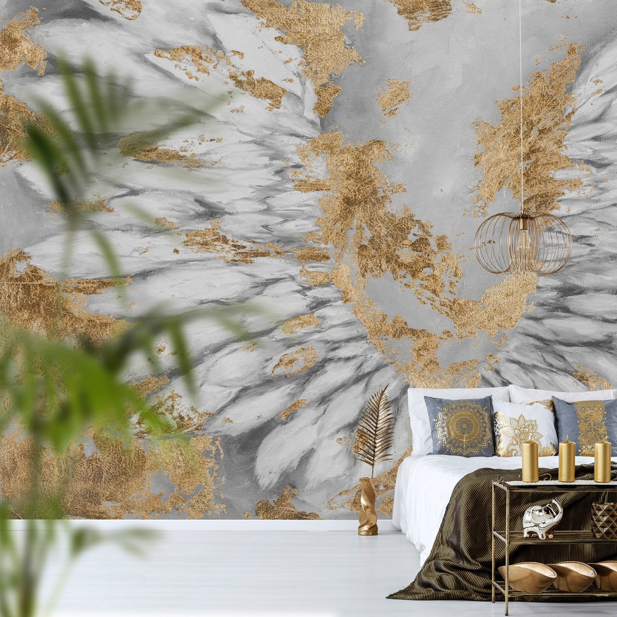 tapeta na wymiar WallArt do salonu – motyw artystycznych skrzydeł w szarości i złocie
