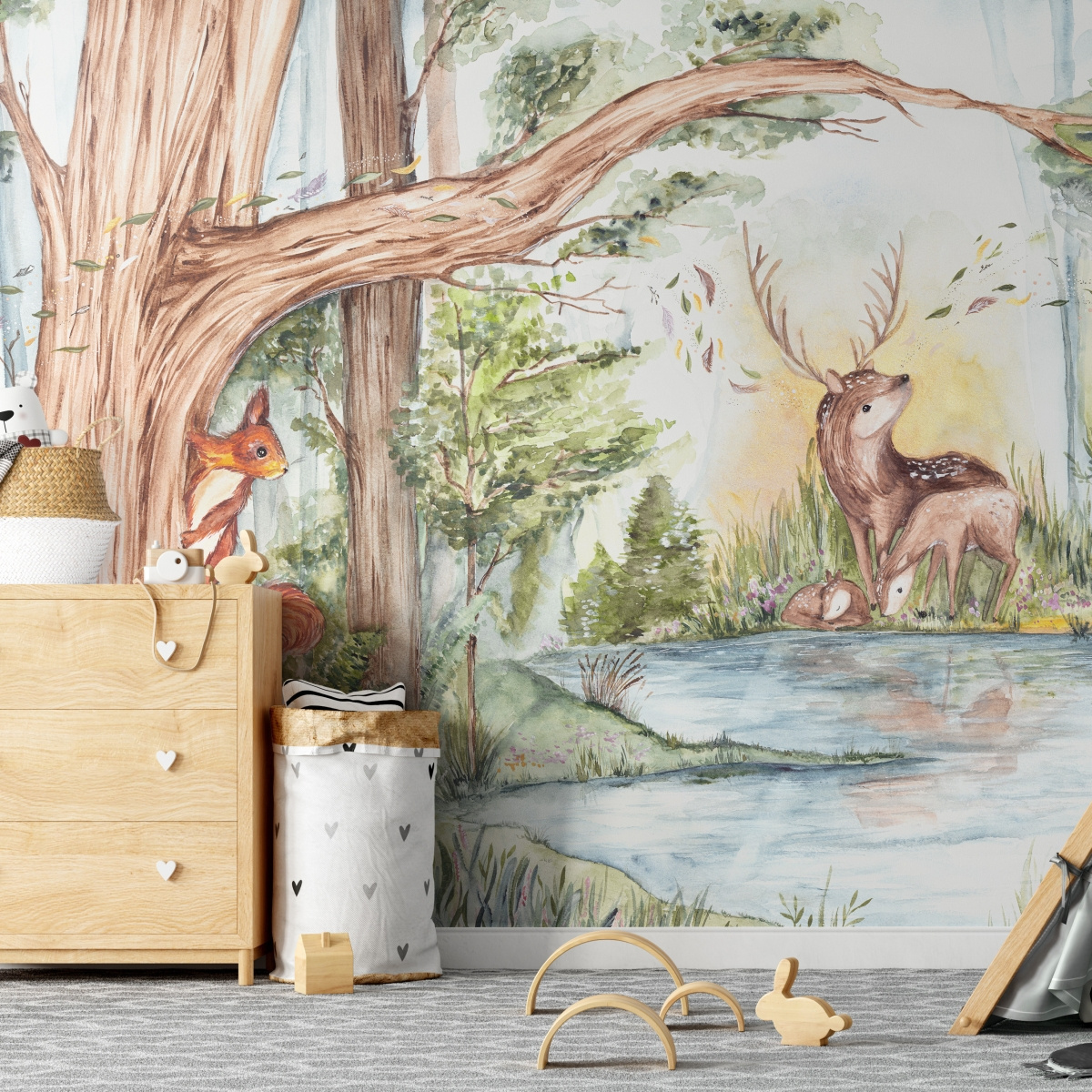 Personalizowana tapeta winylowa Deer Friends z wizualizacją na ścianie w pokoju dziecka