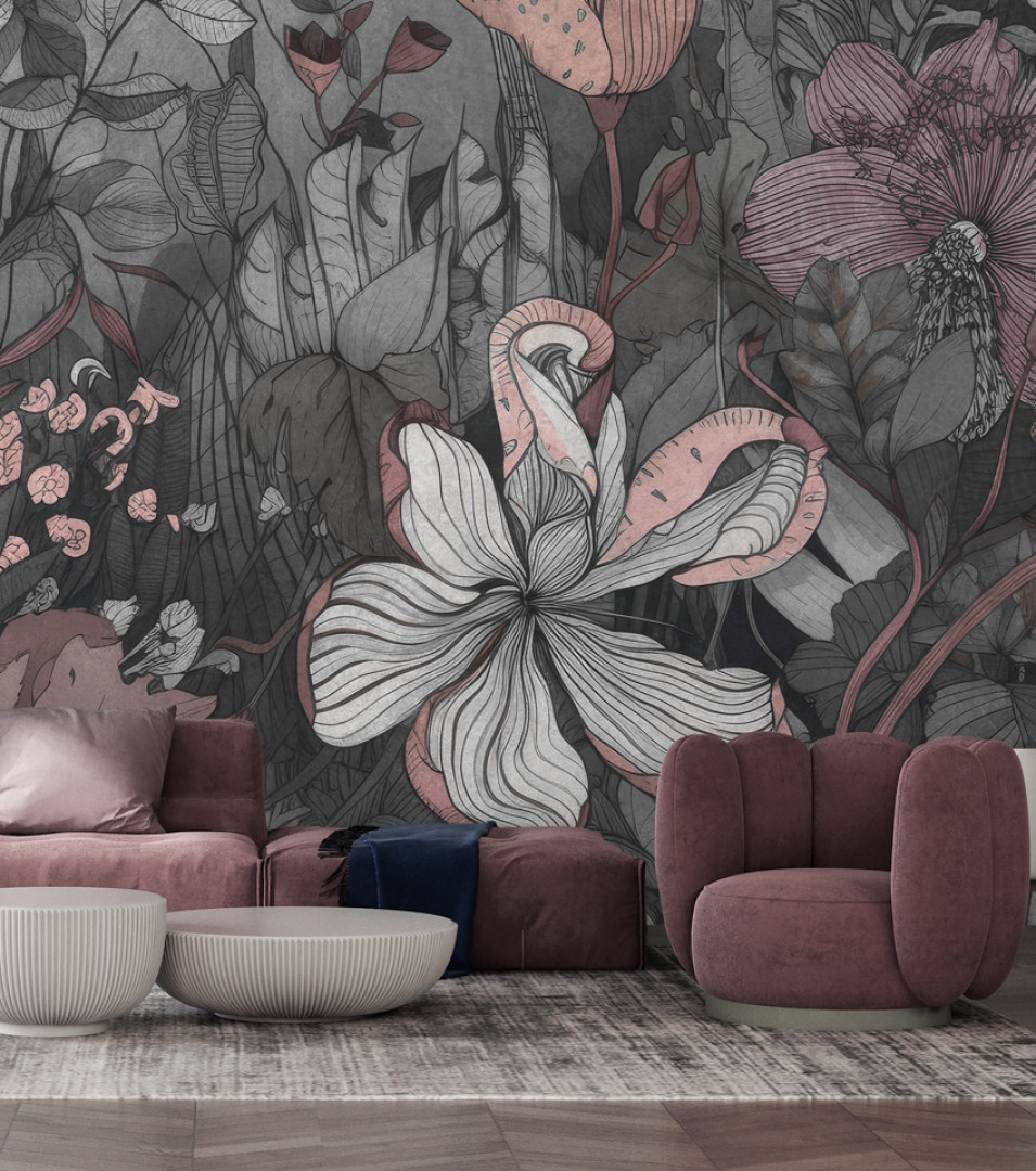 Tapeta na wymiar RAUV w szkice kwiatów różowo-szara do salonu na podkładzie premium