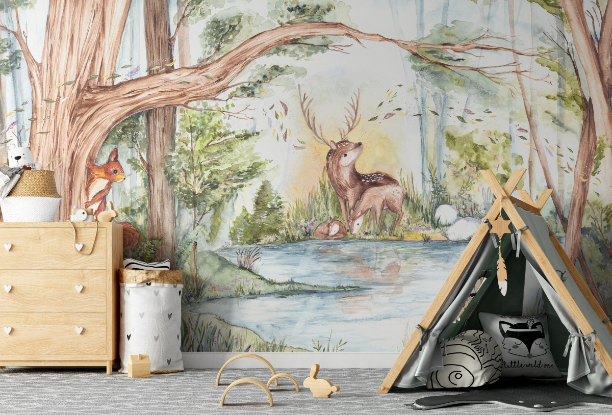 Fototapeta Deer Friends WallArt po zamontowaniu w pokoju dziecięcym