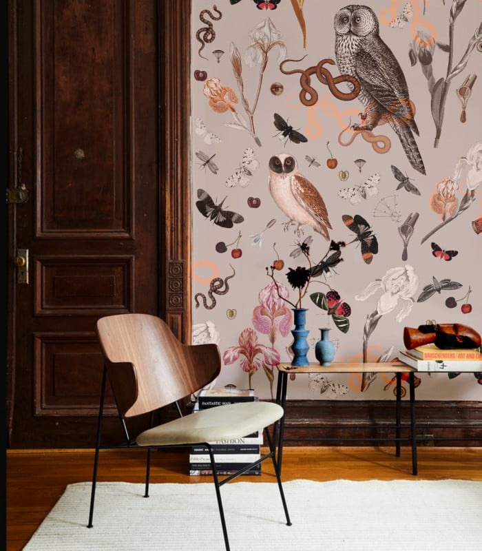 Tapeta Pink Owls Wallcolors na ścianie w jasnym korytarzu