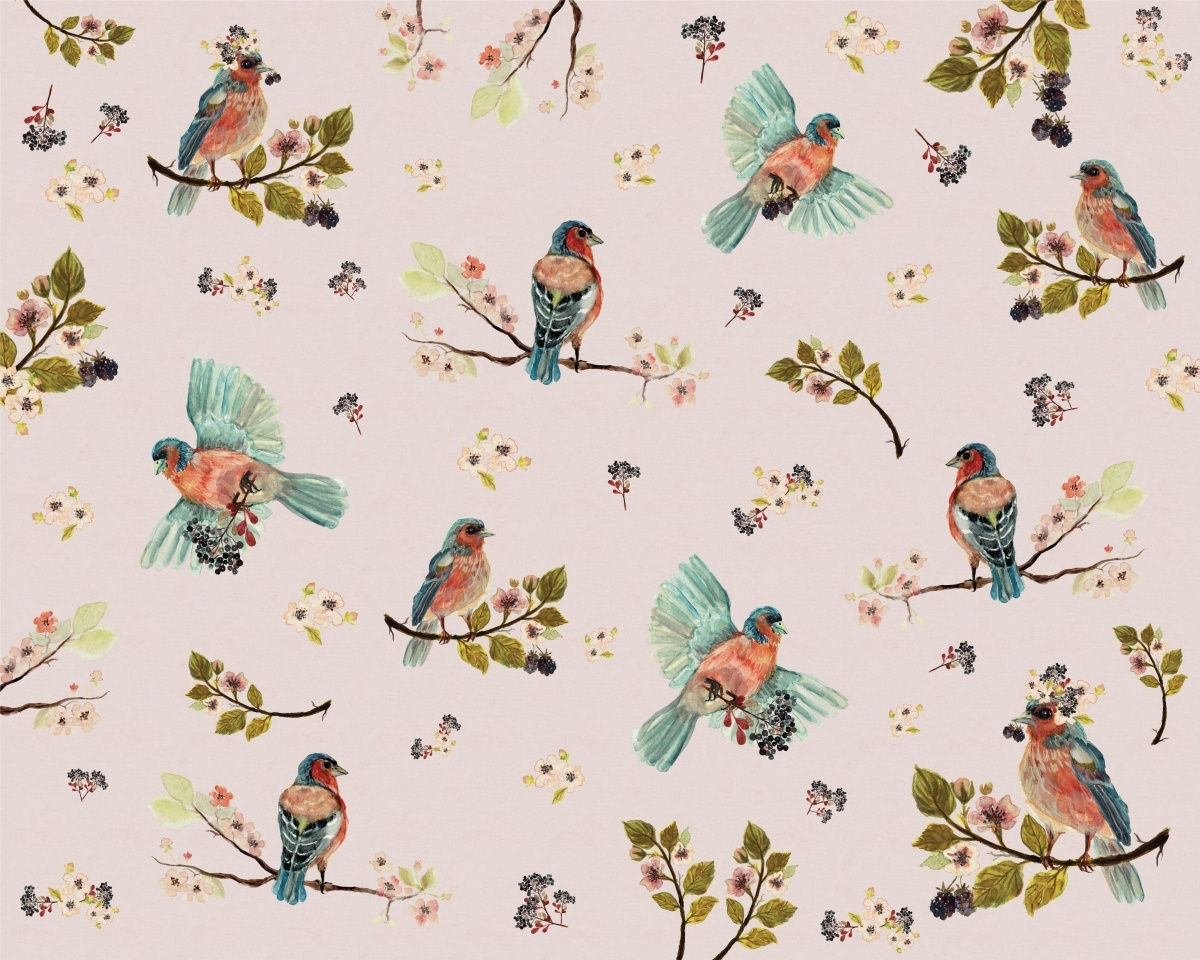 tapeta artystyczna panoramiczna do sypialni i pokoju dziecka z motywem ptaków na różowym tle