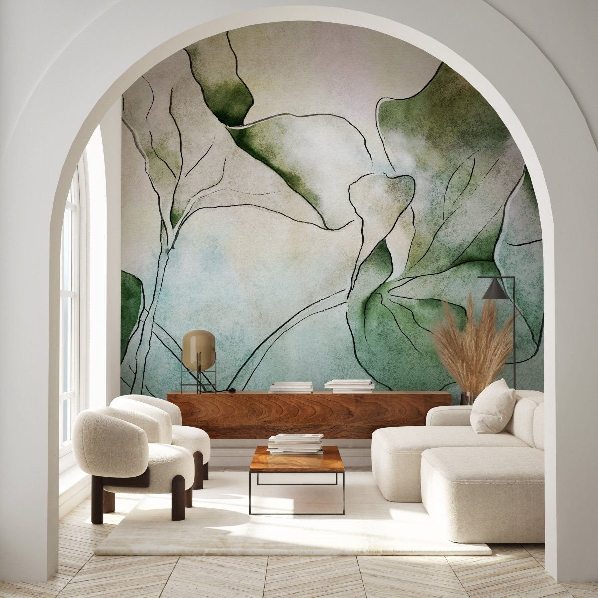 tapeta na wymiar WallArt do salonu – motyw artystyczny zielone liście Hasu