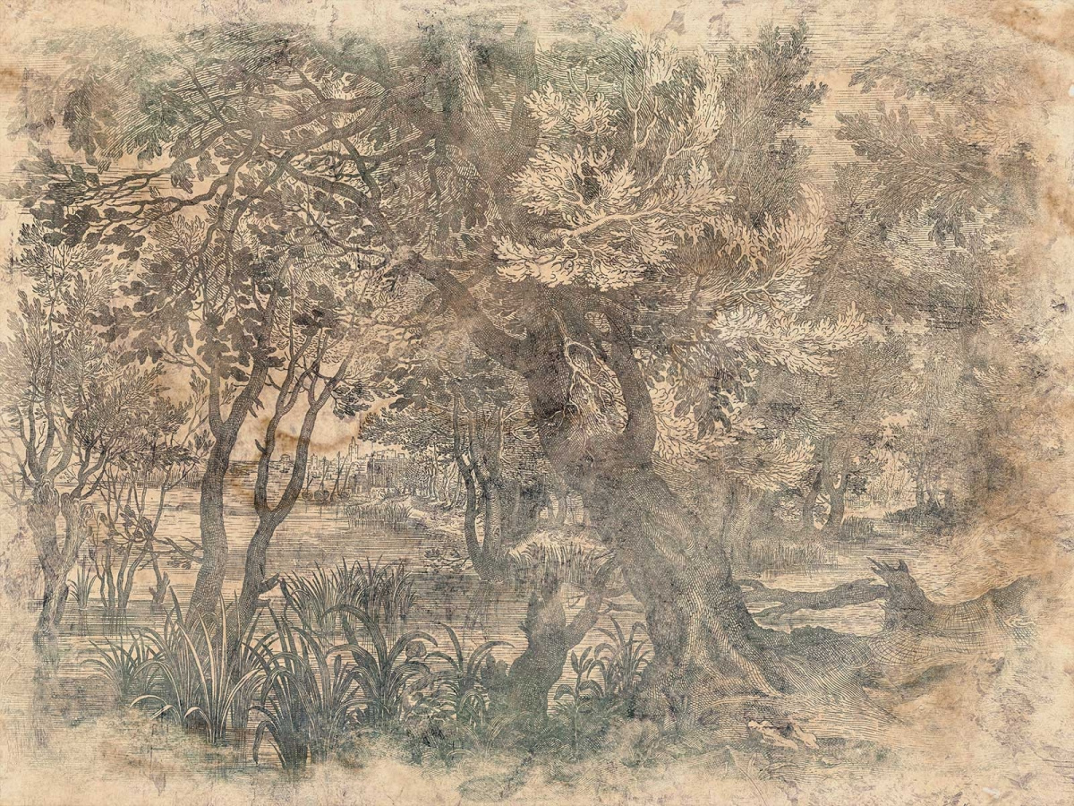 Zbliżenie na wzór tapety WallCraft ELAV 605 31 2201 z motywem drzew