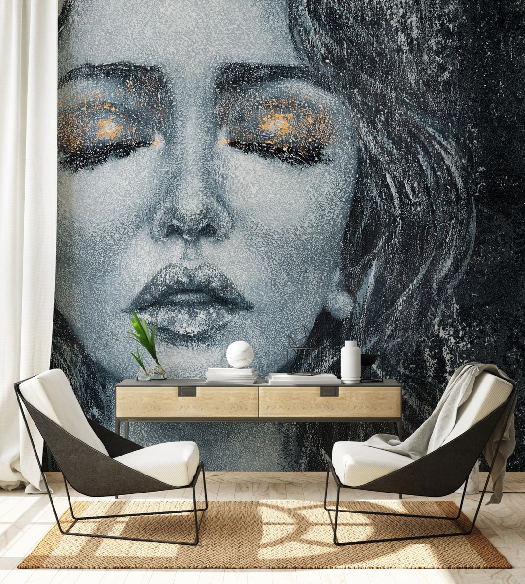 personalizowana tapeta winylowa Vision z portretem kobiety – aranżacja gabinetu
