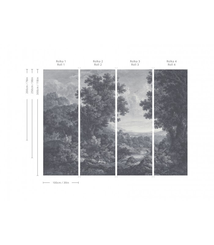 Schemat podziału tapety Picturesque Valley of Serenit Blue na pasy z wymiarami