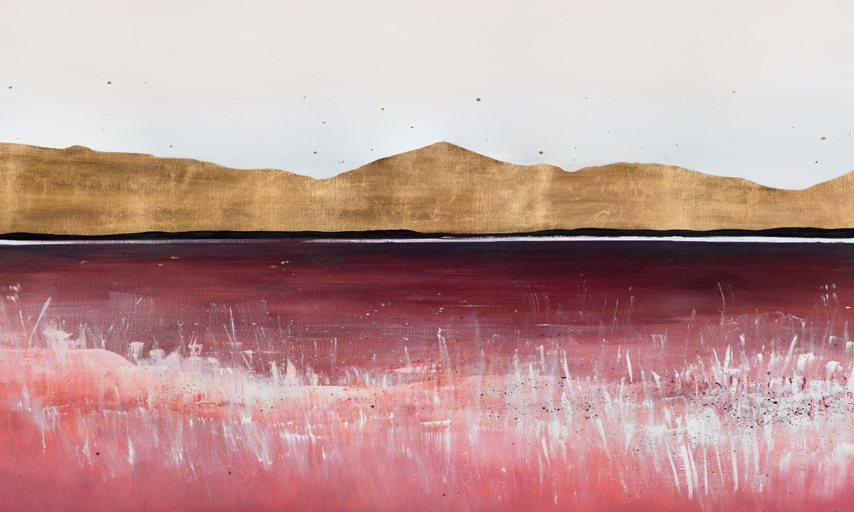 tapeta na wymiar WallArt do salonu – motyw abstrakcyjny Costa z czerwienią i złotem