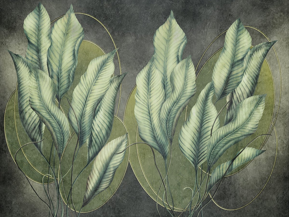 Tapeta liście Devi WallCraft 845322401 – botaniczny mural ścienny na wymiar w odcieniach zieleni i szarości