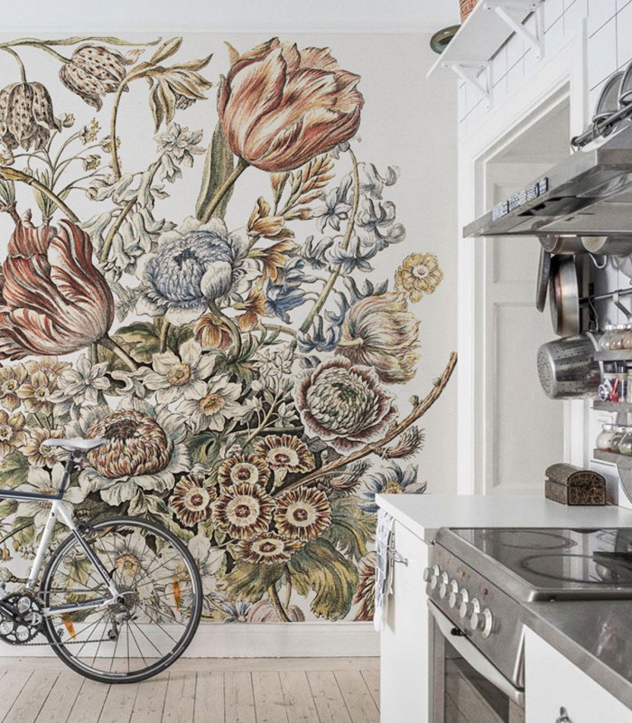 Tapeta Floral Poem w kawiarni – aranżacja ściany z panelami