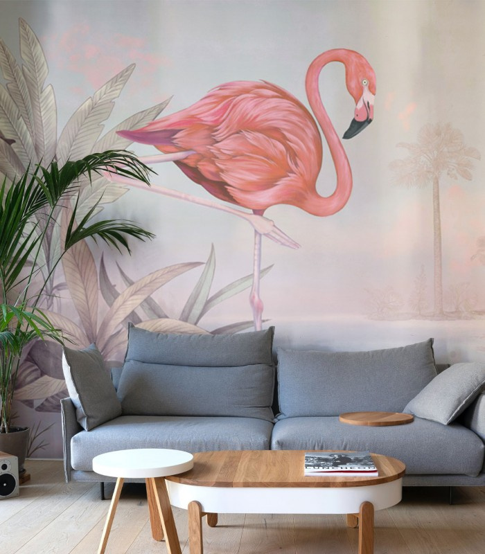 Tapeta Crimson Flamingo Pink za sofą w nowoczesnym salonie