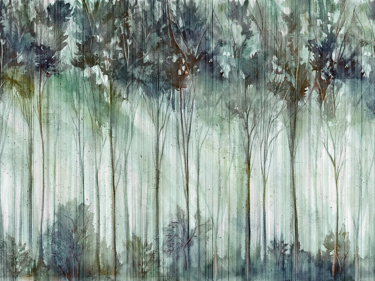Zbliżenie wzoru akwarelowego lasu na tapecie SCOVEN 475 31 2102 WallCraft