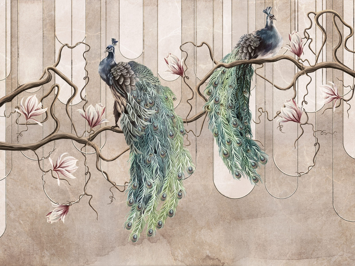 Zbliżenie wzoru fototapety Nollio 690 31 2202 WallCraft z pawiem i kwiatami