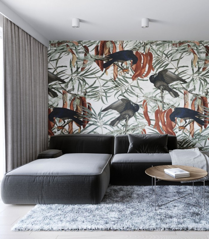 Tapeta Crows Wallcolors w salonie z szarą sofą