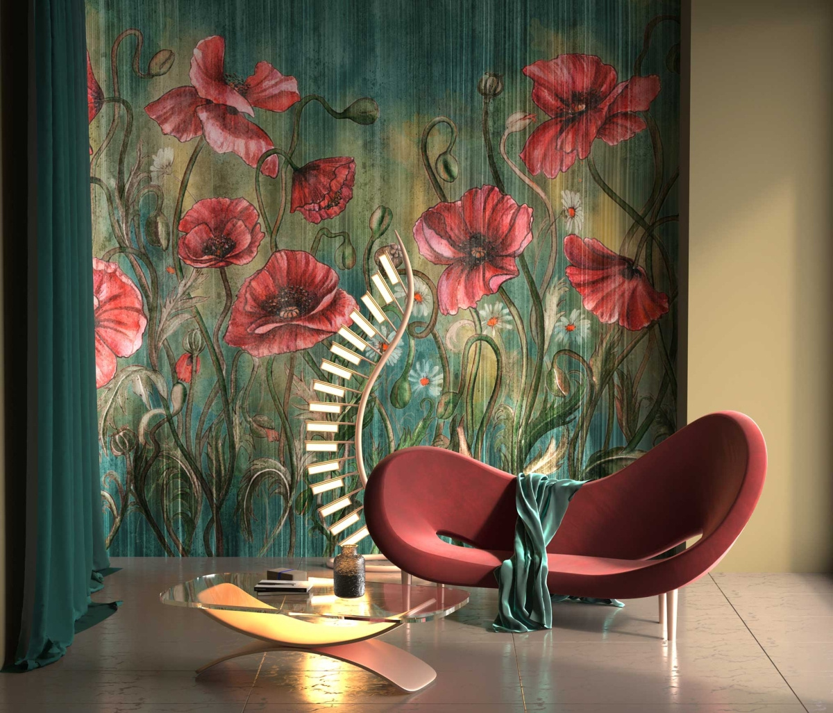 Fototapeta Rosella 470 31 2102 Wallcraft aranżacja w salonie z czerwonym fotelem