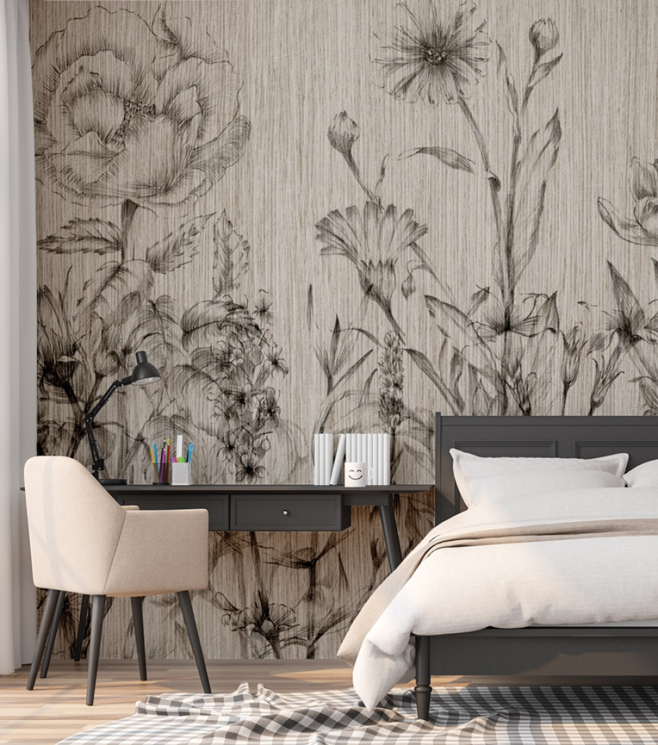 Beżowa tapeta w kwiaty szkic RAUV w sypialni druk eco